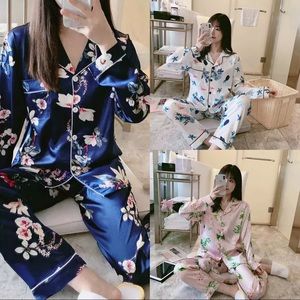 3 Sets Women Satin Long Sleeve Pant Printed Floral Winter Pajama Sleepwear